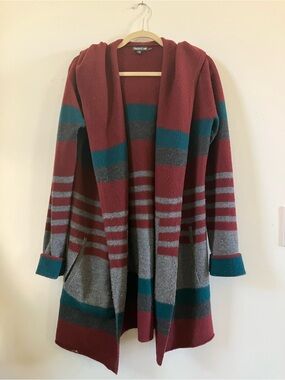 Toad&Co Burgundy Teal Gray Striped Hooded Cardigan